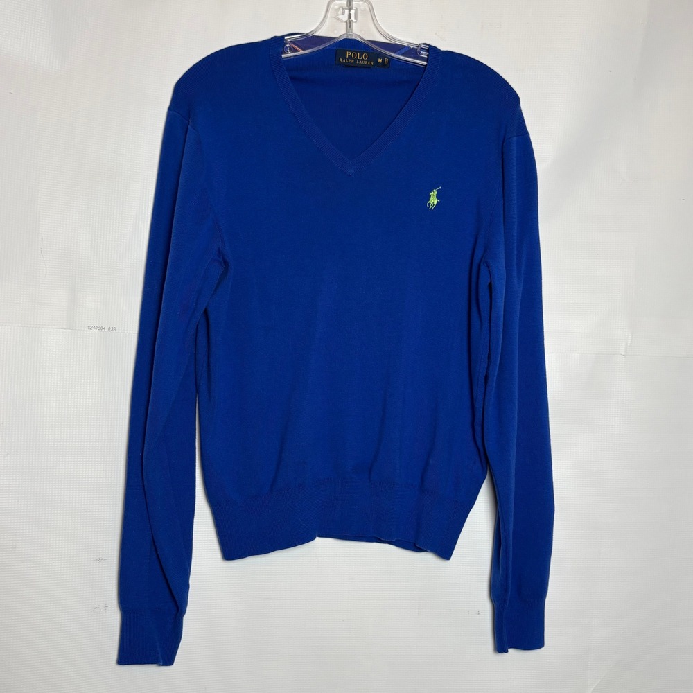 Polo Ralph Lauren Mens Royal Blue Pima Cotton V-Neck Sweater Lime Pony Size M